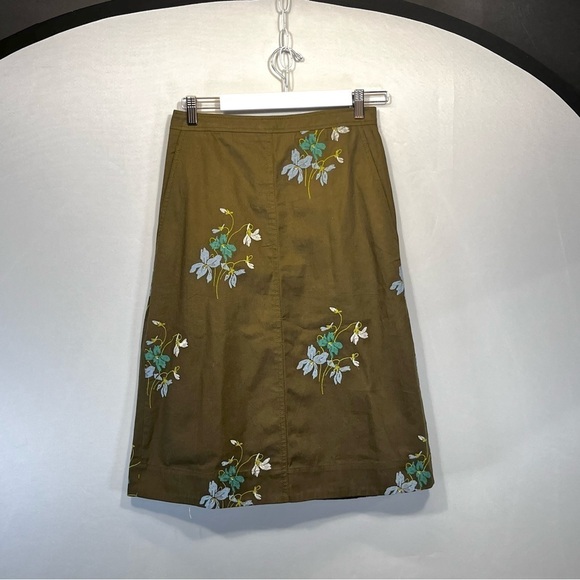 Ann Taylor Olive green Enbroidered A line lined Skirt pockets boho  size 2 - Picture 1 of 8
